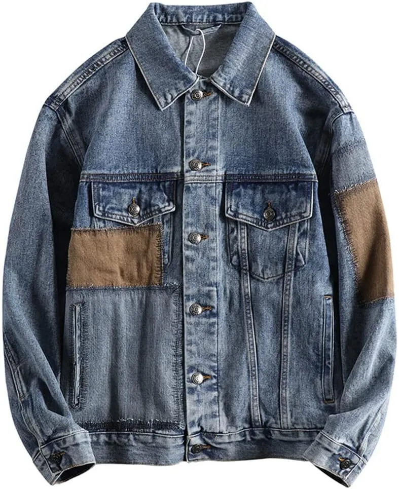 100% Cotton Vintage Distressed Blue Denim Jean Jacket for Men Multi Pockets Elbow Patch Button Up Coats 1 M Pack of 1