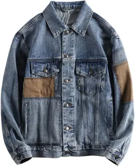 100% Cotton Vintage Distressed Blue Denim Jean Jacket for Men Multi Pockets Elbow Patch Button Up Coats 1 M Pack of 1