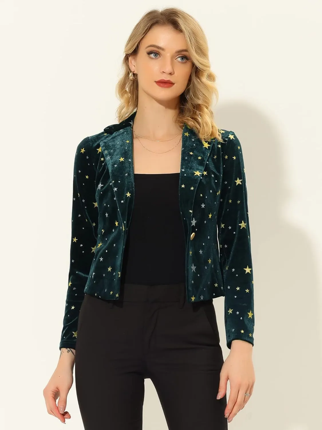 Allegra K Printed Velvet Blazer for Women's 1 Button Business Office Crop Halloween Metallic Stars Jacket Suits