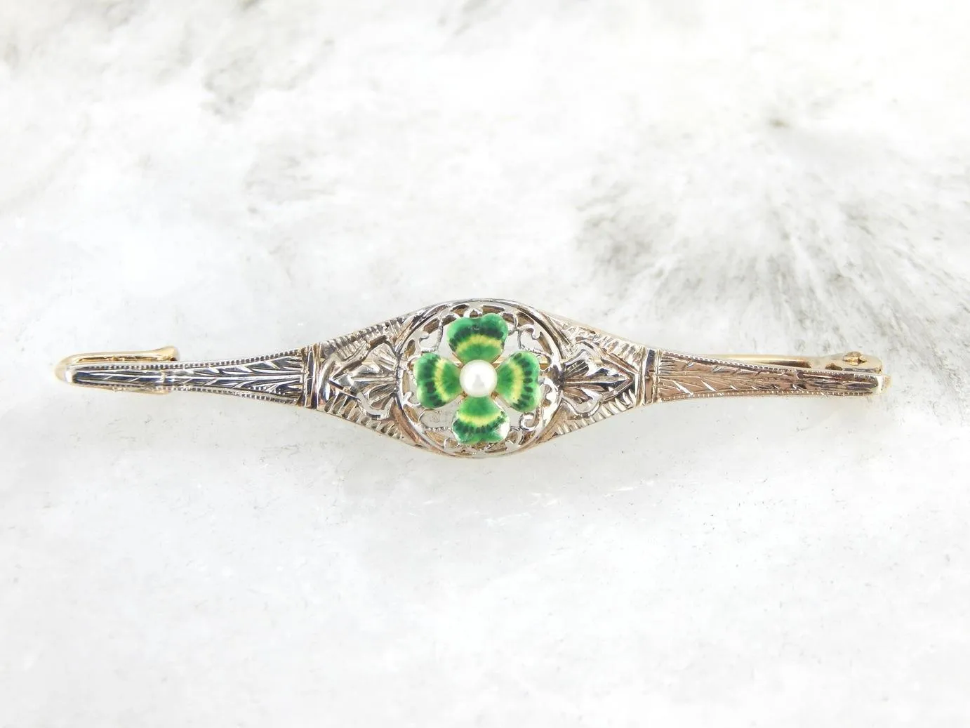 Antique Bar Pin with Art Nouveau Four Leaf Clover and Pearl Center