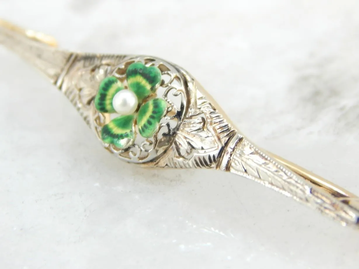 Antique Bar Pin with Art Nouveau Four Leaf Clover and Pearl Center