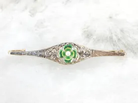 Antique Bar Pin with Art Nouveau Four Leaf Clover and Pearl Center