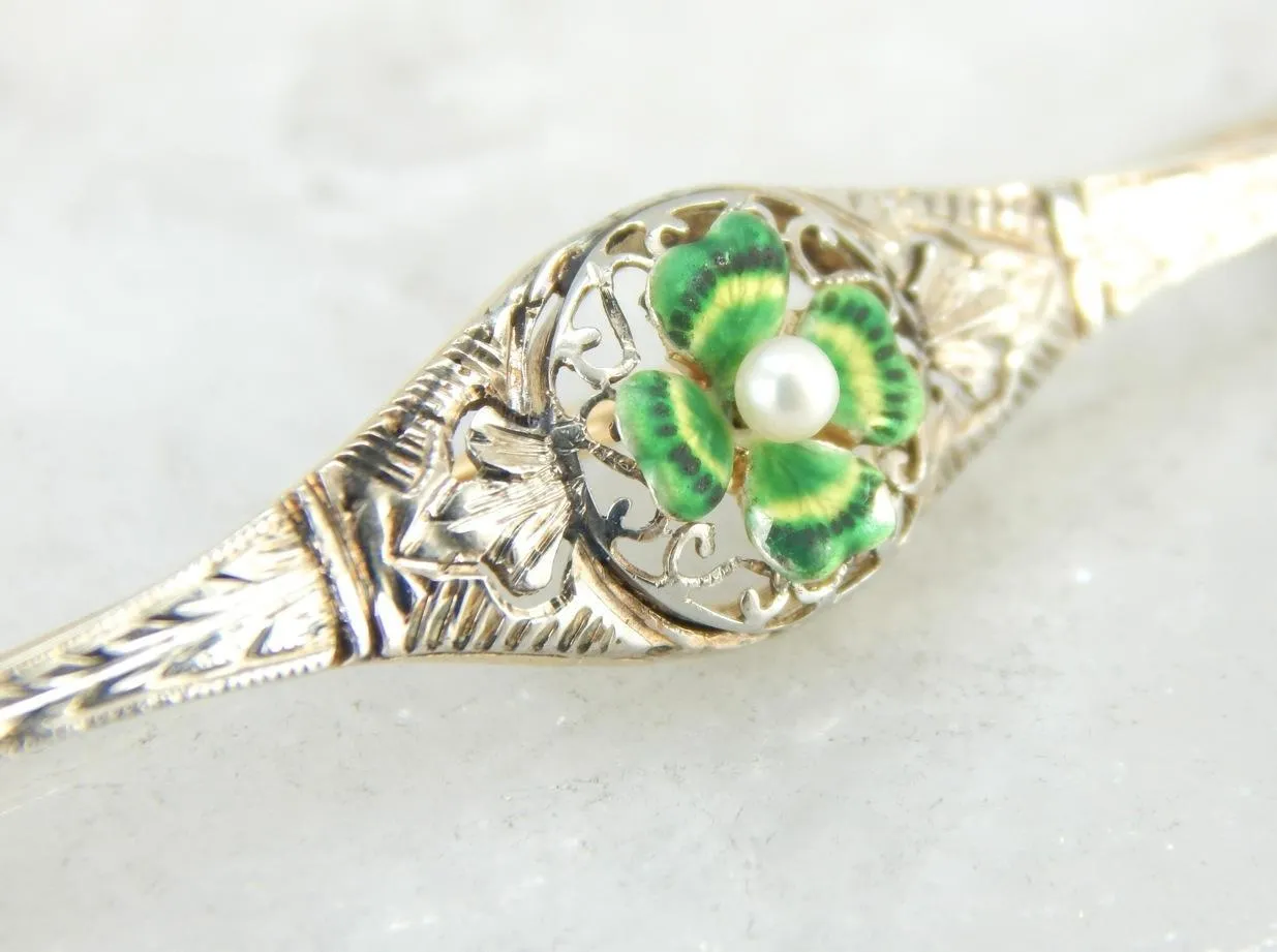 Antique Bar Pin with Art Nouveau Four Leaf Clover and Pearl Center