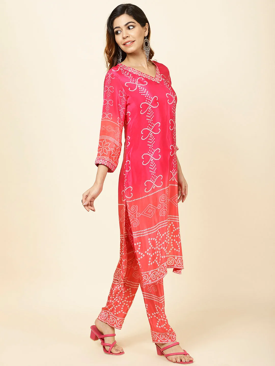 Bandhani Printed Crepe Kurta With Pants