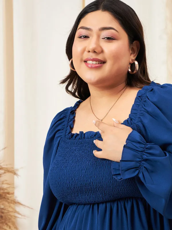 Berrylush Curve Women Solid Blue Square Neck Puff Sleeves Smocked A-Line Regular Top