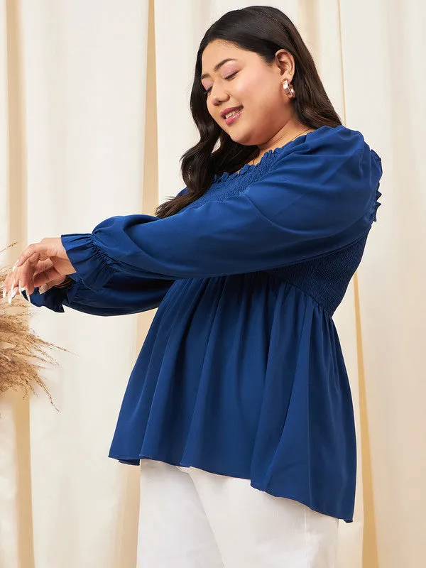 Berrylush Curve Women Solid Blue Square Neck Puff Sleeves Smocked A-Line Regular Top