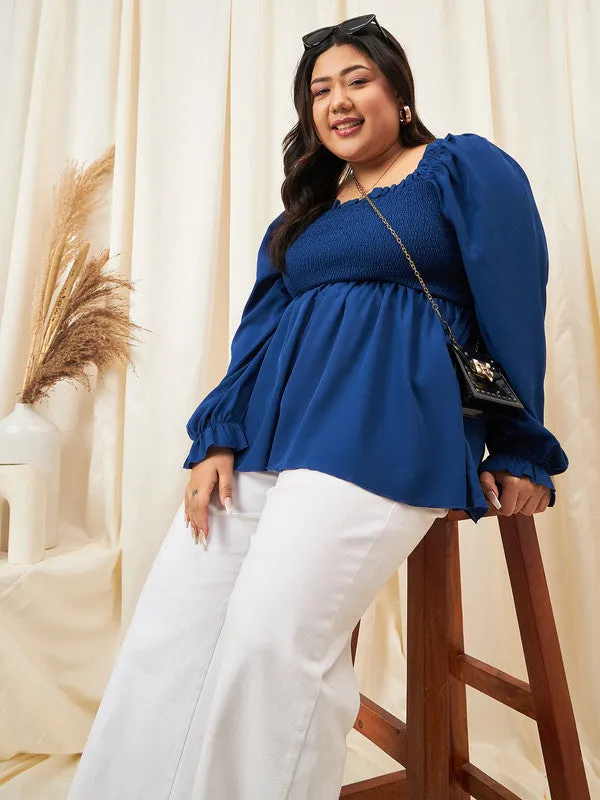 Berrylush Curve Women Solid Blue Square Neck Puff Sleeves Smocked A-Line Regular Top