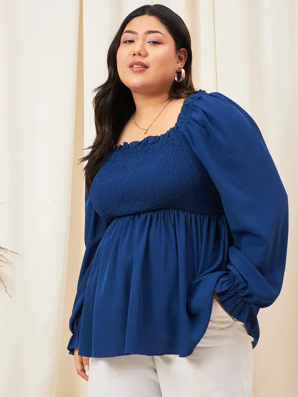Berrylush Curve Women Solid Blue Square Neck Puff Sleeves Smocked A-Line Regular Top