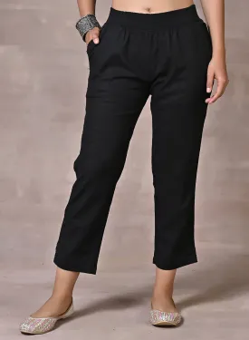 Black Regular Plain Linen Capri