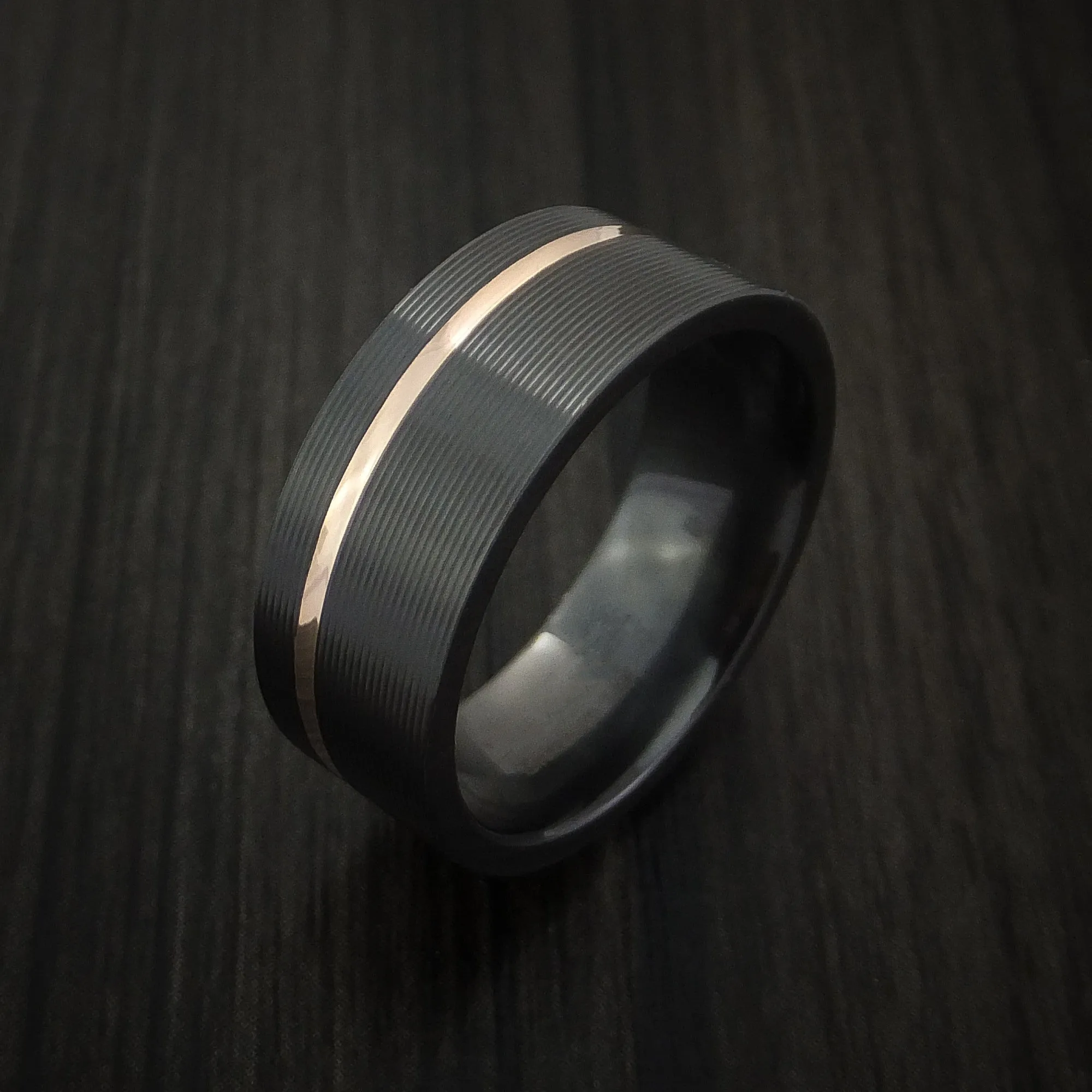 Black Titanium Men's Ring Textured Pattern Band with Gold Inlay