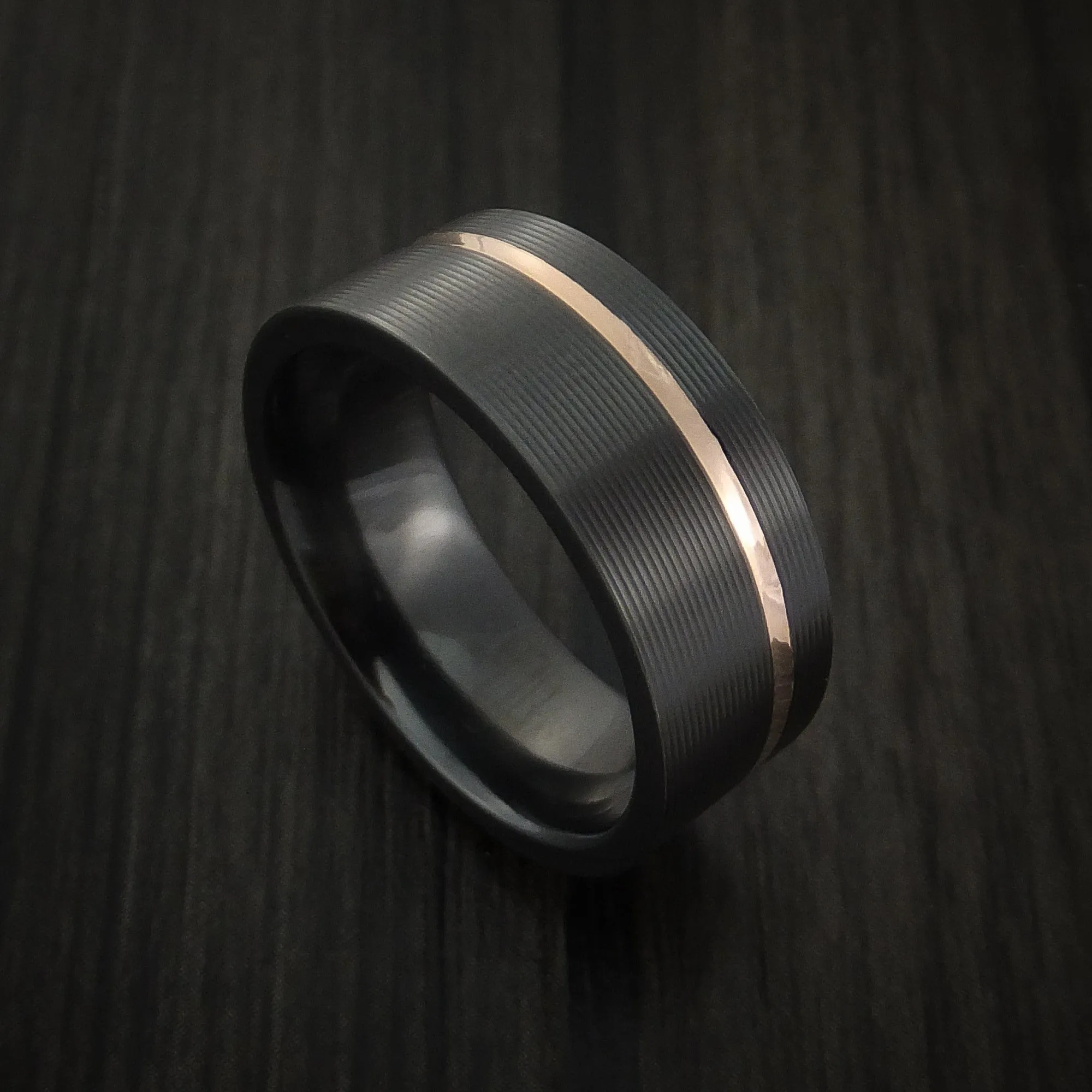 Black Titanium Men's Ring Textured Pattern Band with Gold Inlay