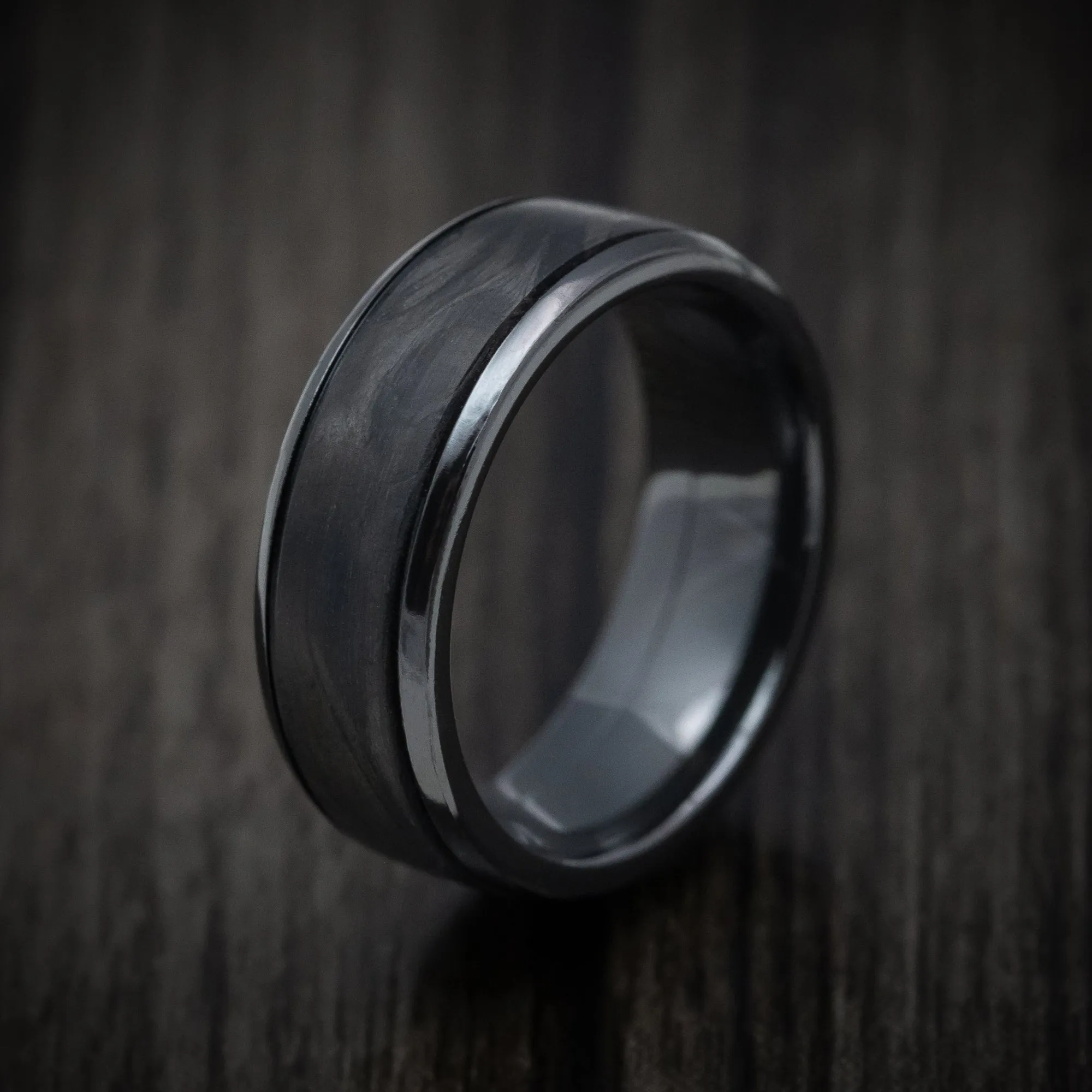 Black Titanium Men's Ring with Forged Carbon Fiber and Cerakote Inlays Custom Made Band