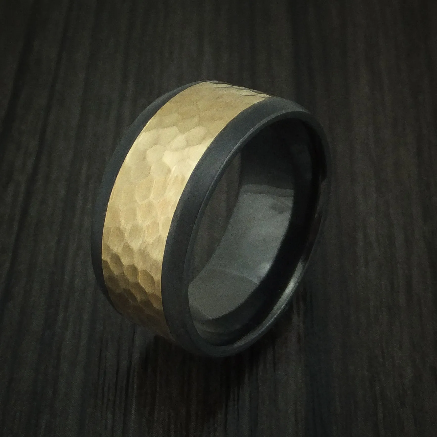 Black Titanium Men's Ring with Wide 14K Yellow Gold Hammered Inlay Custom Made Band
