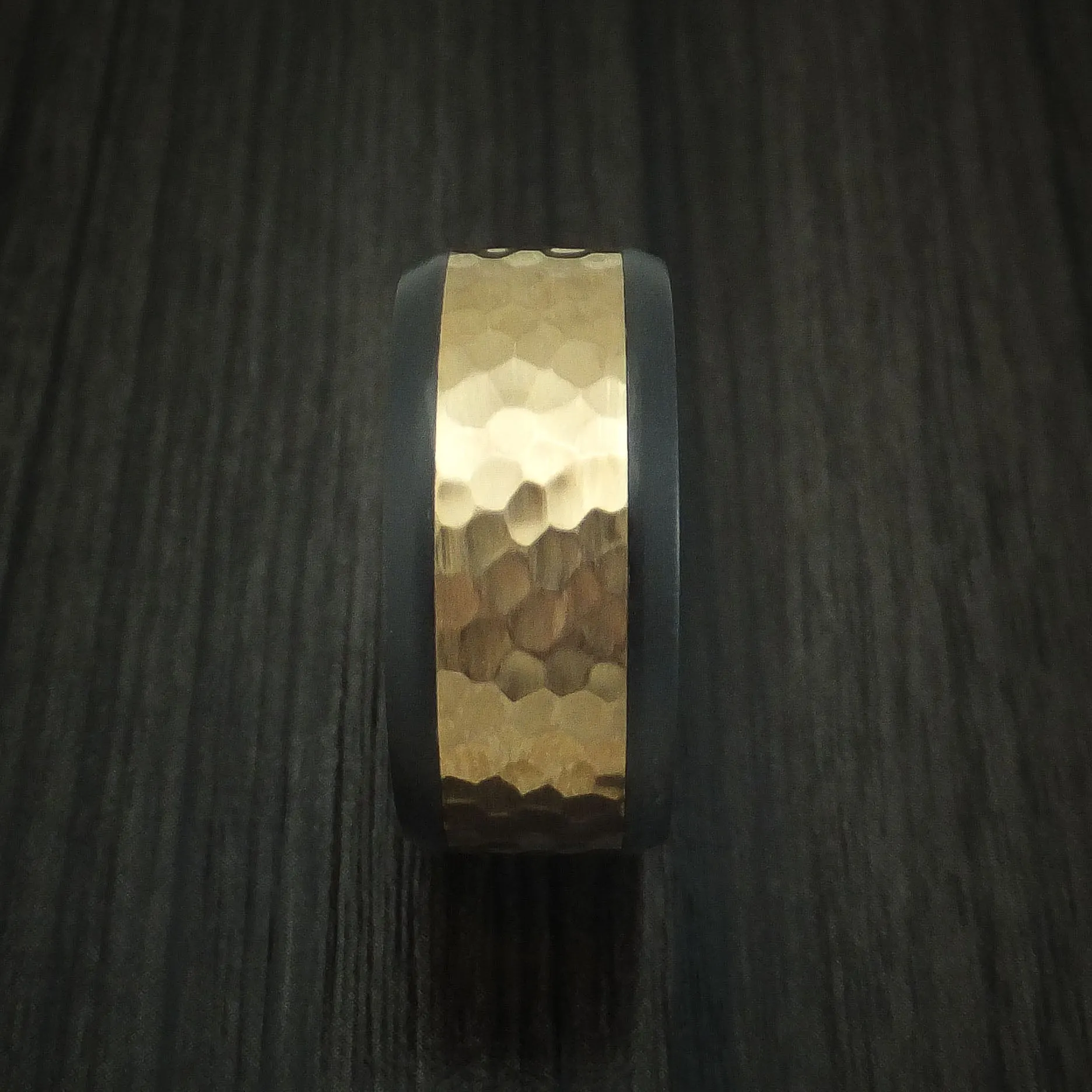 Black Titanium Men's Ring with Wide 14K Yellow Gold Hammered Inlay Custom Made Band