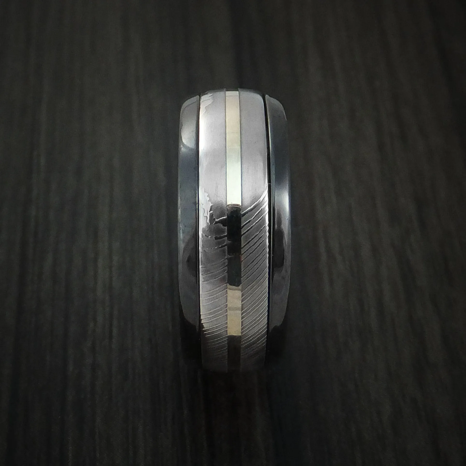 Black Zirconium and Damascus Steel Band 14K White Gold Center Custom Made Men's Ring