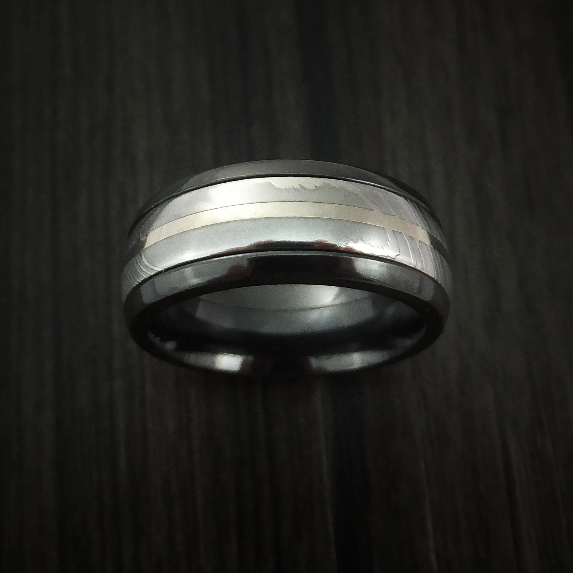 Black Zirconium and Damascus Steel Band 14K White Gold Center Custom Made Men's Ring