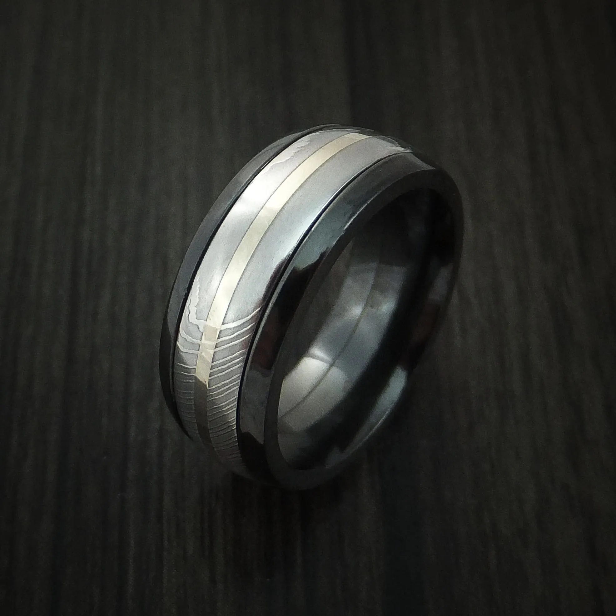 Black Zirconium and Damascus Steel Band 14K White Gold Center Custom Made Men's Ring