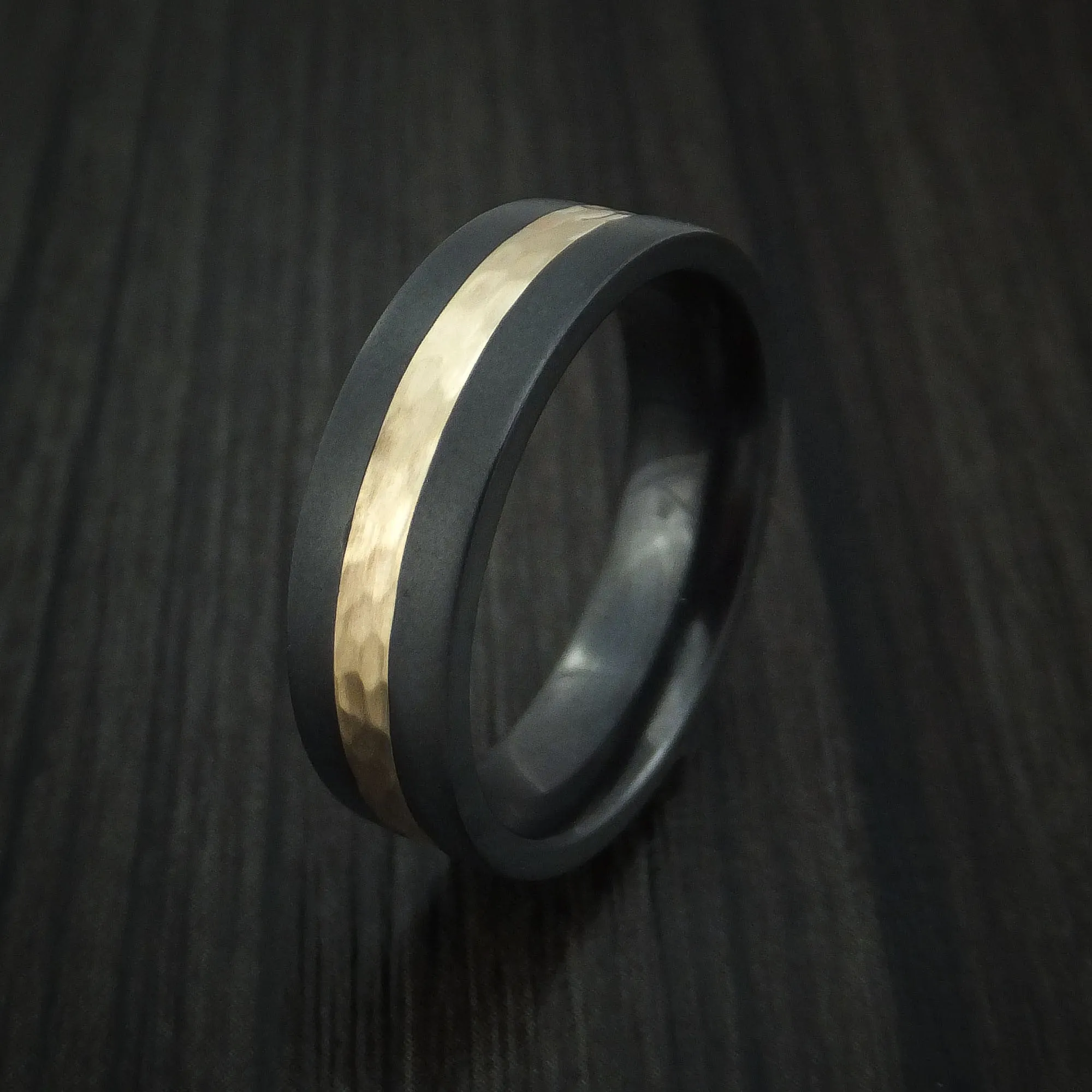 Black Zirconium and Hammered 14k Yellow Gold Band Custom Made Men's Ring