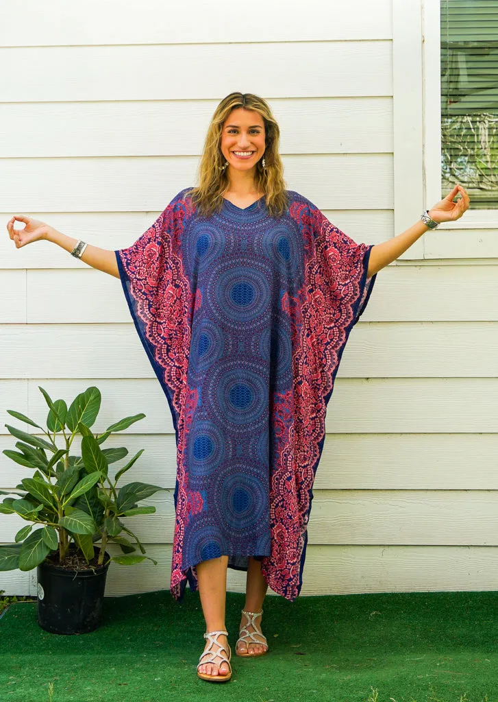 Blue Pink Floral Mandala Boho Kaftan