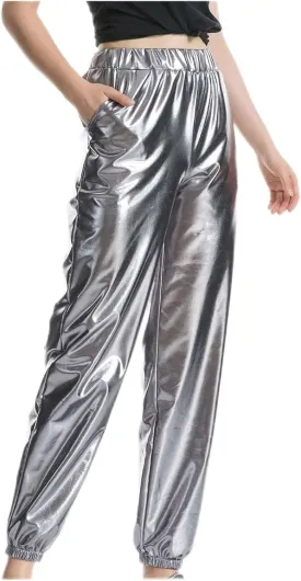 BZGTZT Women's Shiny Metallic High Waist Stretchy Jogger Pants, Wet Look Hip Hop Club Wear Holographic Trousers Sweatpant