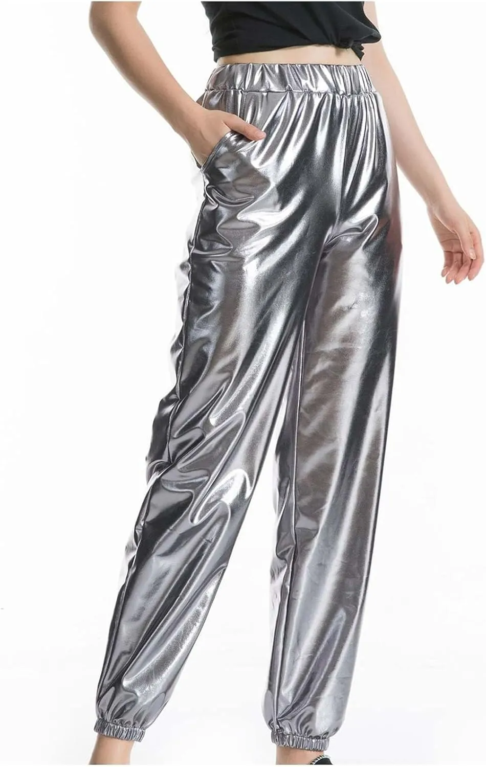 BZGTZT Women's Shiny Metallic High Waist Stretchy Jogger Pants, Wet Look Hip Hop Club Wear Holographic Trousers Sweatpant