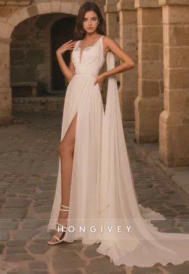 Casual A-Line V-Neck Sleeveless Beaded With Bolero Beach Wedding Dress
