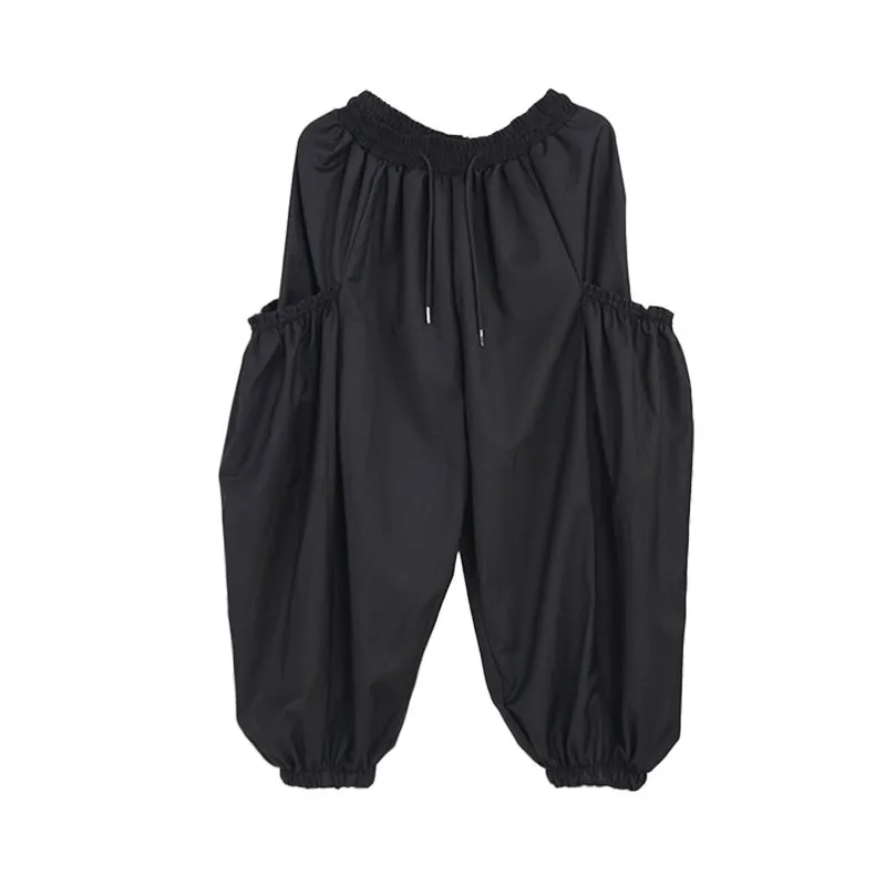 Casual Dark Mid Rise Large Pockets Loose Harem Pants
