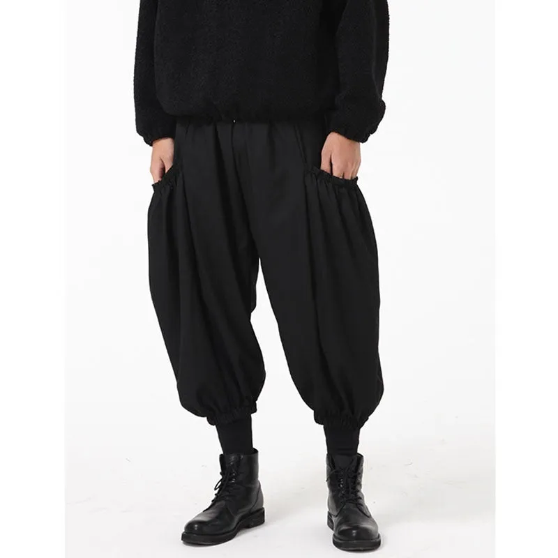 Casual Dark Mid Rise Large Pockets Loose Harem Pants