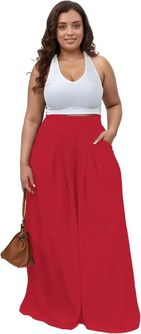 Casual Plus Size Wide Leg Palazzo Pants for Women Lounge High Waist Skirt Pants with Pockets Elastic Waistband