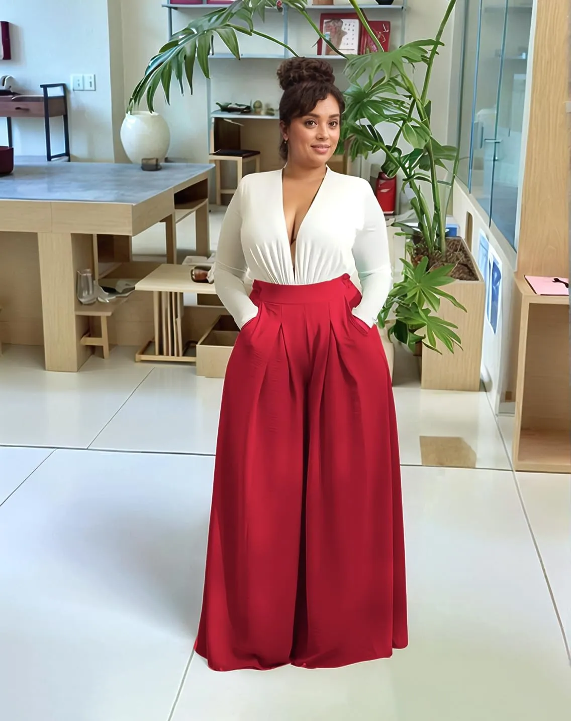Casual Plus Size Wide Leg Palazzo Pants for Women Lounge High Waist Skirt Pants with Pockets Elastic Waistband