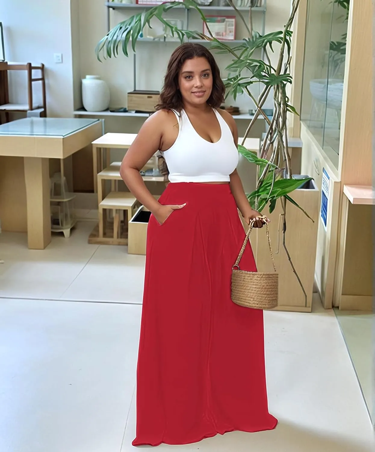 Casual Plus Size Wide Leg Palazzo Pants for Women Lounge High Waist Skirt Pants with Pockets Elastic Waistband