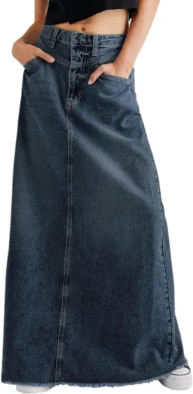 chouyatou Women's Vintage A-Line Frayed Maxi Denim Skirt Distressed High Waist Long Jean Skirt