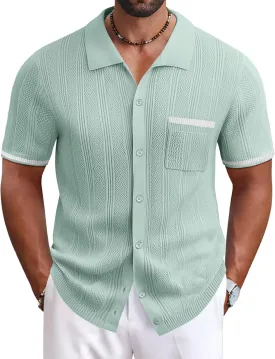 COOFANDY Men's Knit Button Down Shirt 2025 Vintage Short Sleeve Polo Shirt Casual Beach Tops