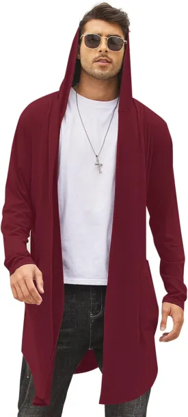 COOFANDY Men's Long Hooded Cardigan Shawl Collar Lightweight Open Front Drape Cape Overcoat with Pockets