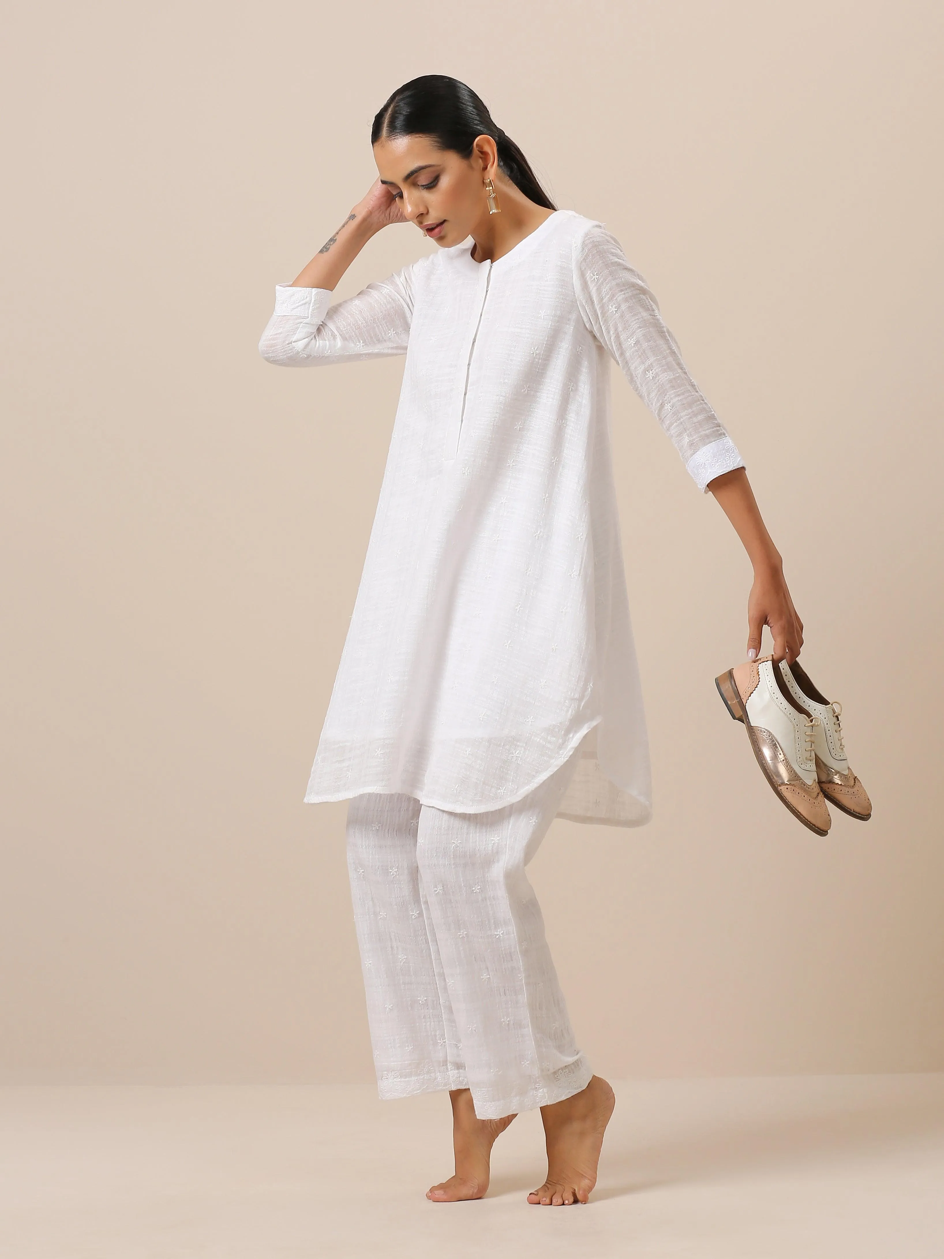 Cotton White Embroidered Short Co-Ord Set