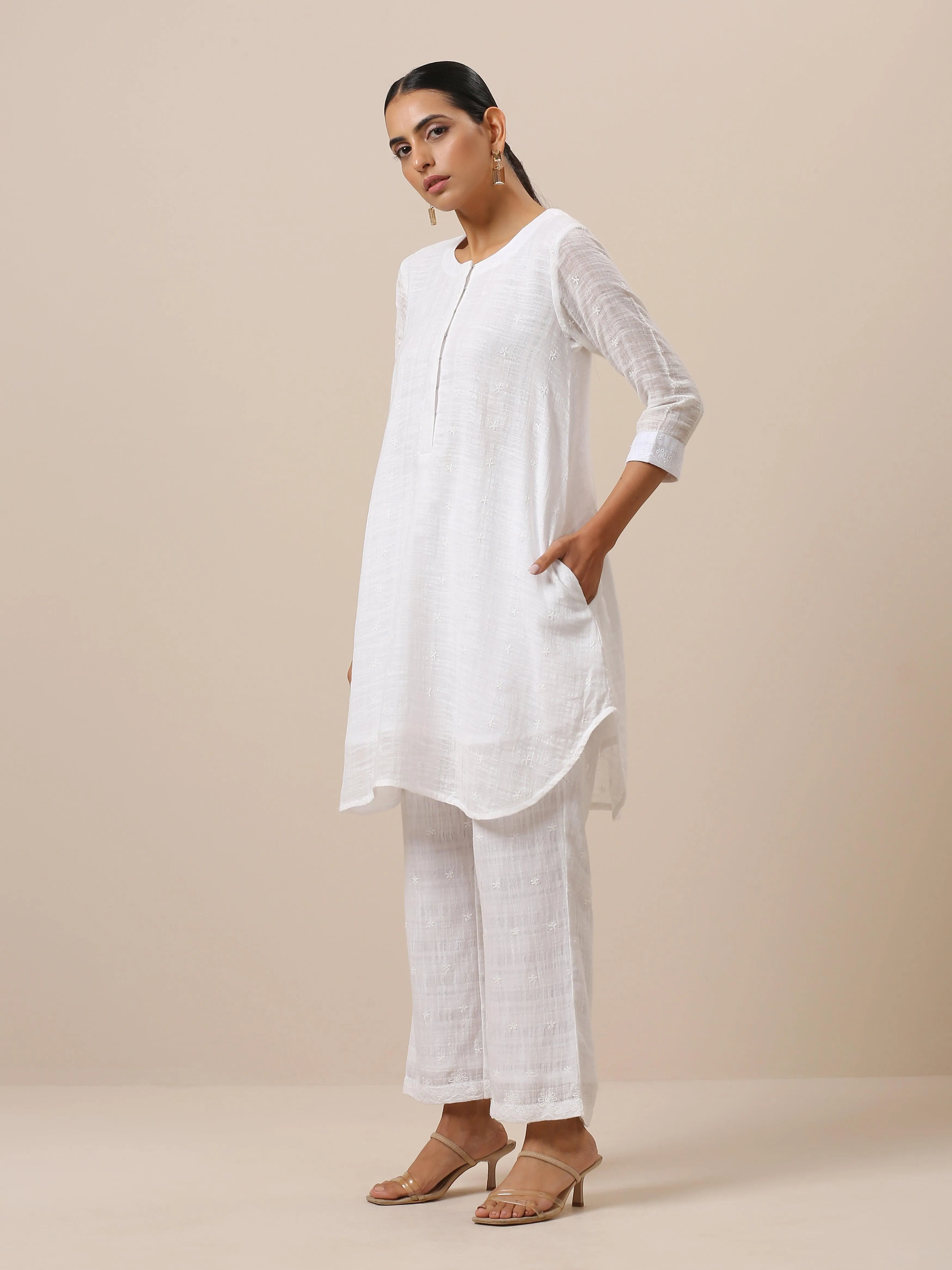 Cotton White Embroidered Short Co-Ord Set