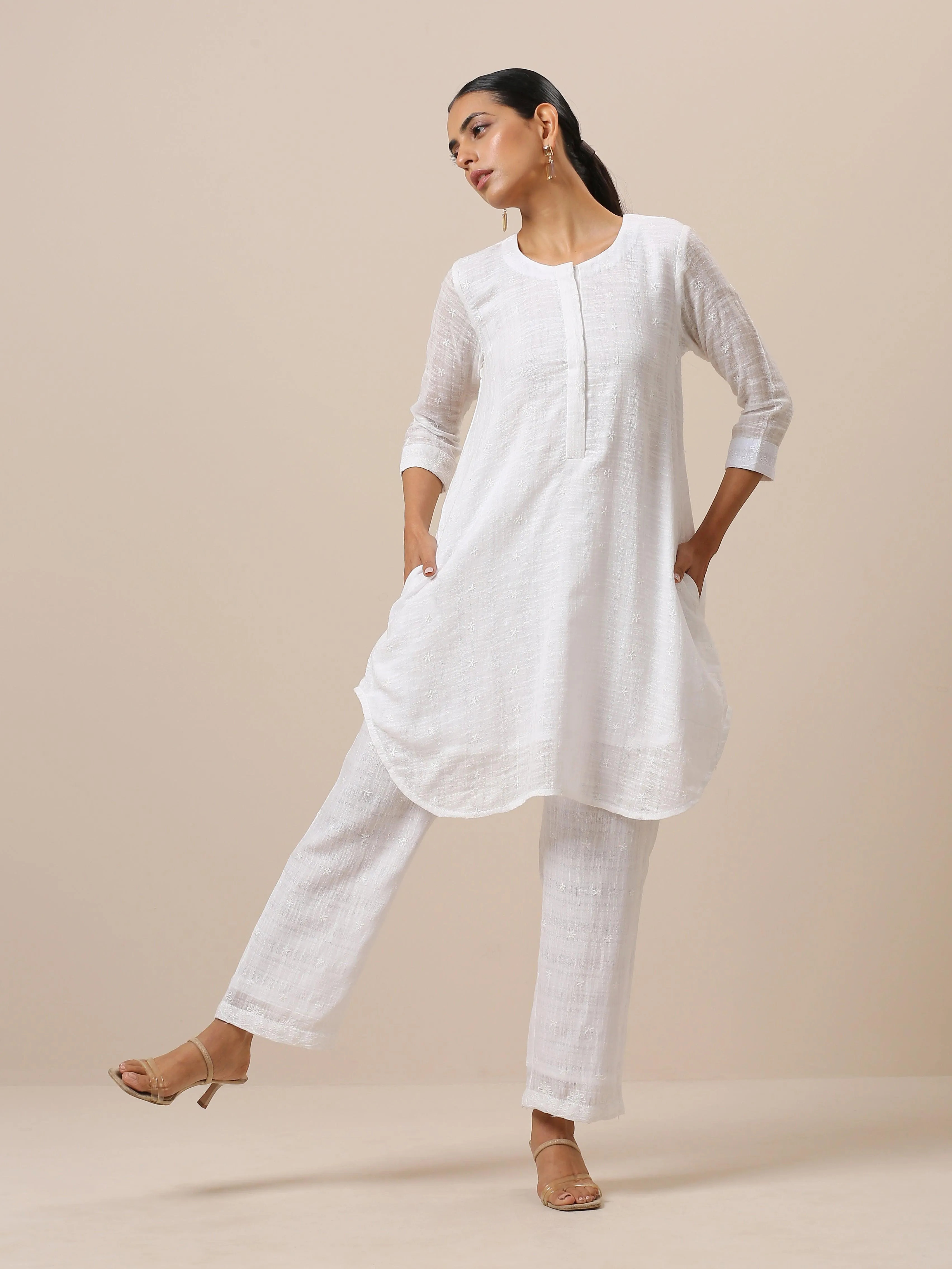 Cotton White Embroidered Short Co-Ord Set