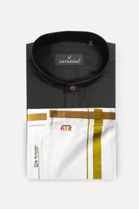 Culture - Black Short Kurta and Gold Jari Fixit Dhoti Combo For Mens | Uathayam