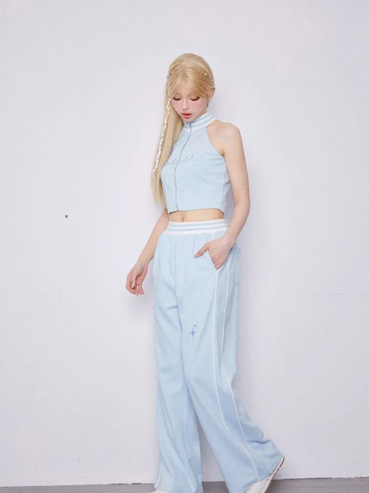 Cut Off Shoulder Sleeveless Top Casual Pants Sweatshirt Three Piece Set【s0000007863】