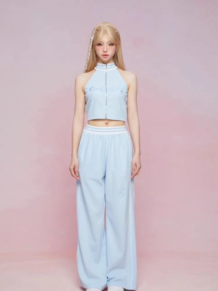 Cut Off Shoulder Sleeveless Top Casual Pants Sweatshirt Three Piece Set【s0000007863】