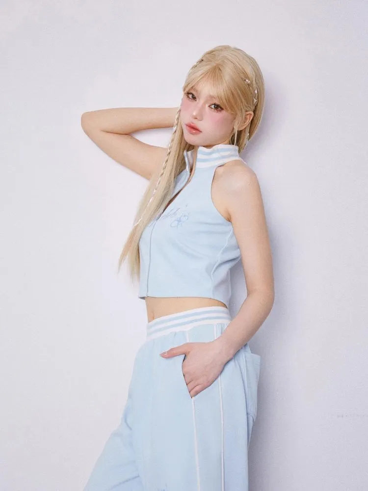 Cut Off Shoulder Sleeveless Top Casual Pants Sweatshirt Three Piece Set【s0000007863】