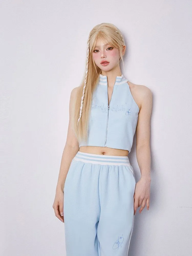Cut Off Shoulder Sleeveless Top Casual Pants Sweatshirt Three Piece Set【s0000007863】