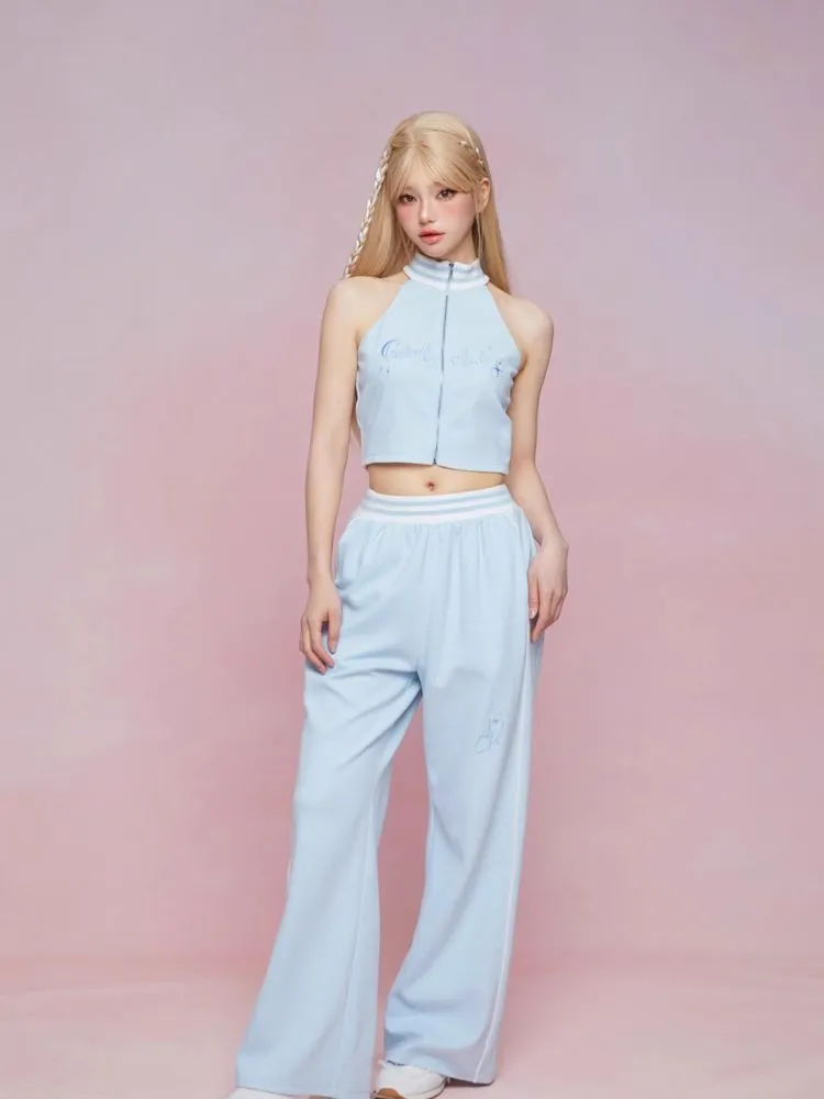 Cut Off Shoulder Sleeveless Top Casual Pants Sweatshirt Three Piece Set【s0000007863】