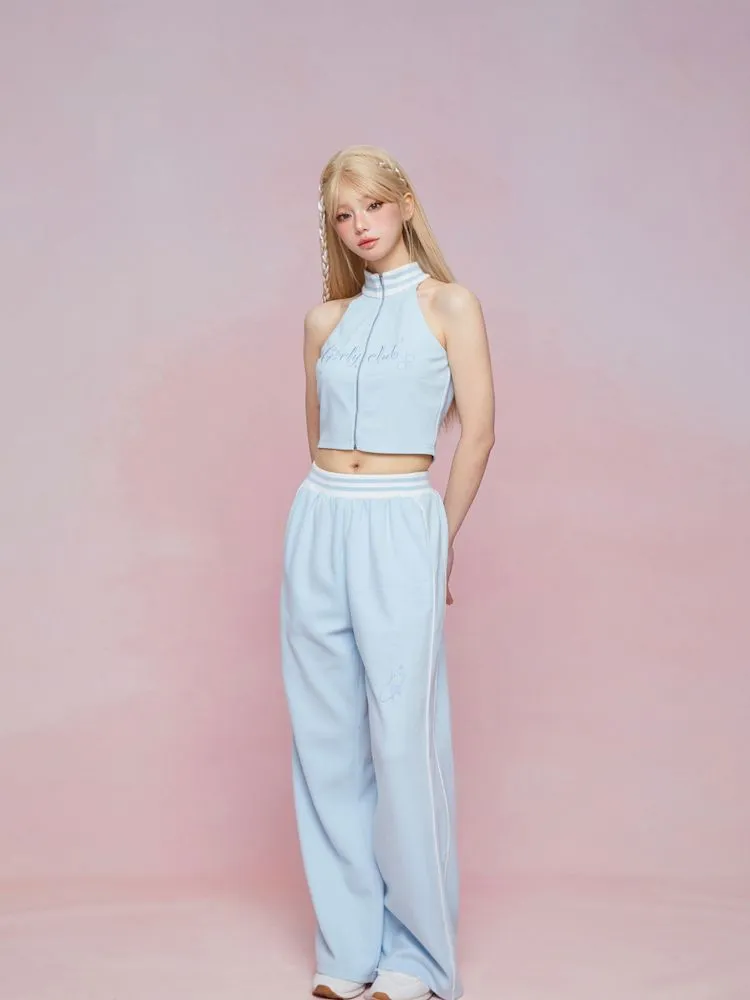Cut Off Shoulder Sleeveless Top Casual Pants Sweatshirt Three Piece Set【s0000007863】