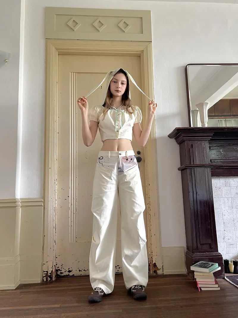Cute Cat Print Low Waist Casual Wide Leg Pants【s0000009030】
