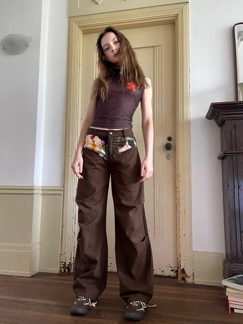 Cute Cat Print Low Waist Casual Wide Leg Pants【s0000009030】