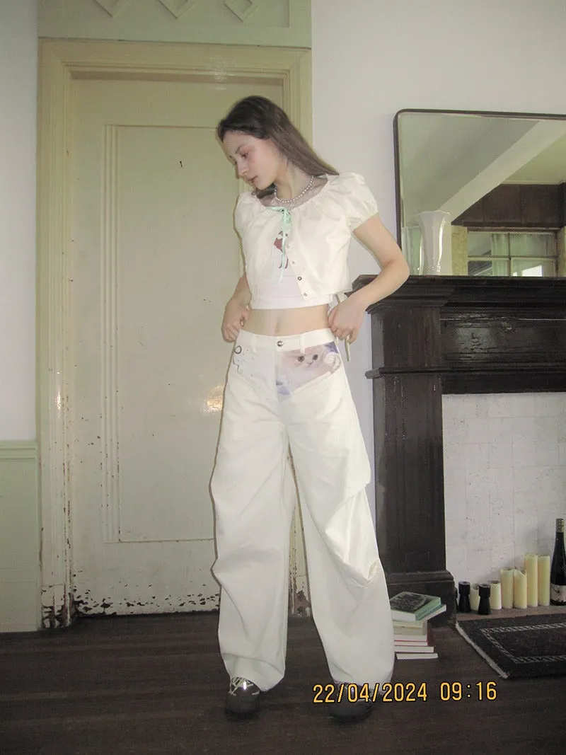 Cute Cat Print Low Waist Casual Wide Leg Pants【s0000009030】