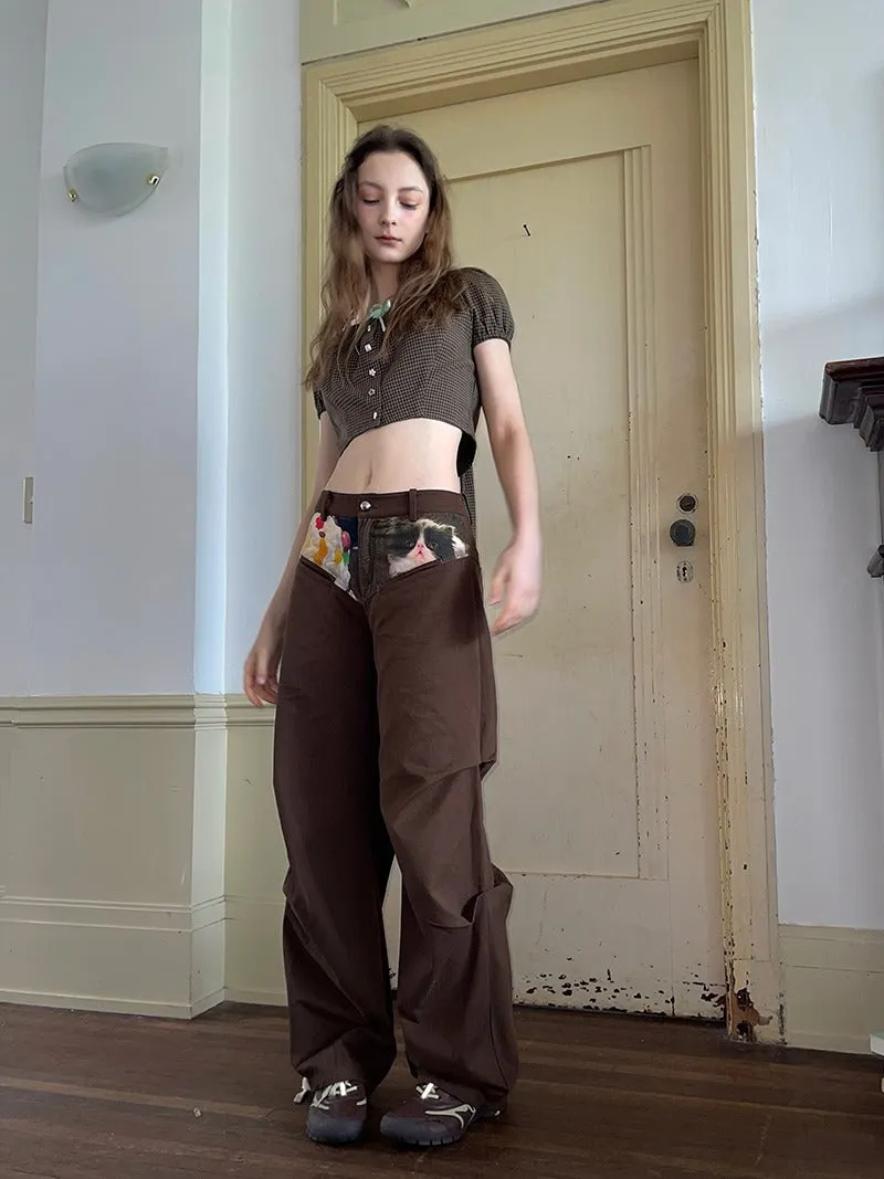 Cute Cat Print Low Waist Casual Wide Leg Pants【s0000009030】