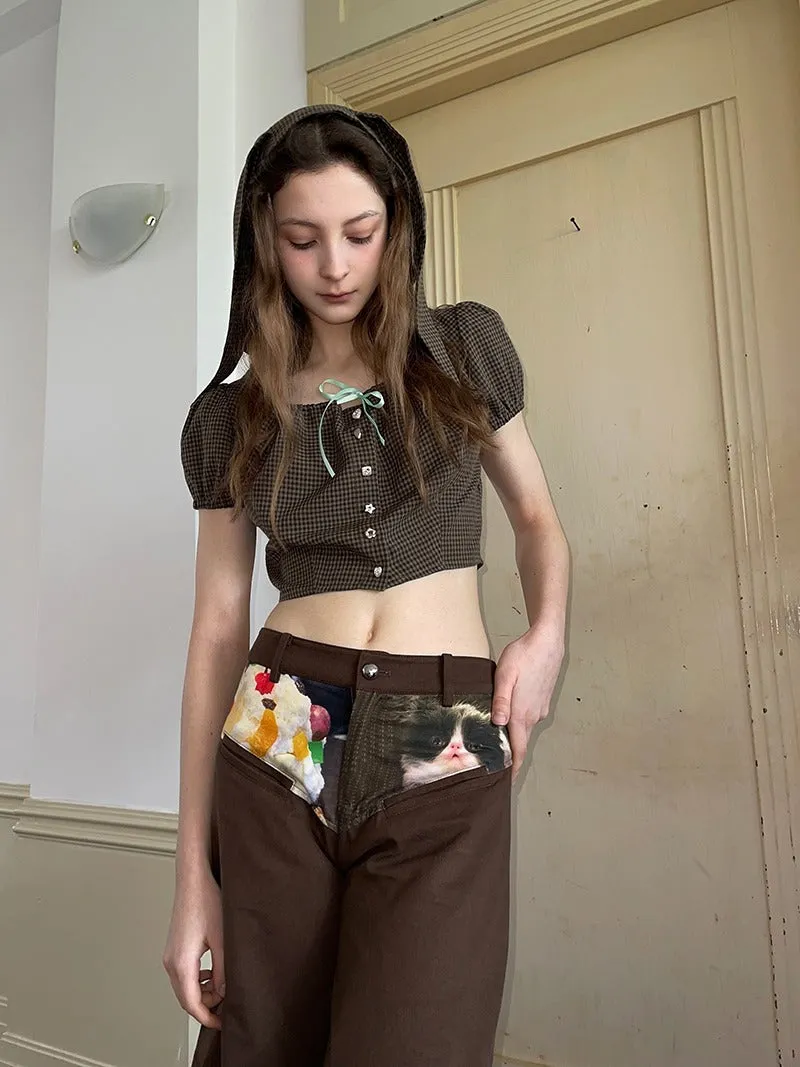 Cute Cat Print Low Waist Casual Wide Leg Pants【s0000009030】