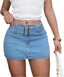 Denim Skirt Women Cargo Stretchy High Waisted Buckled Belt Y2k Bodycon Casual Summer Denim Mini Skirt with Pockets